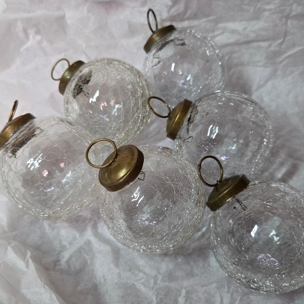 Restoration Hardware Crackle Glass Ornaments Set of 6 Clear Brass Vintage Style - Picture 3 of 5